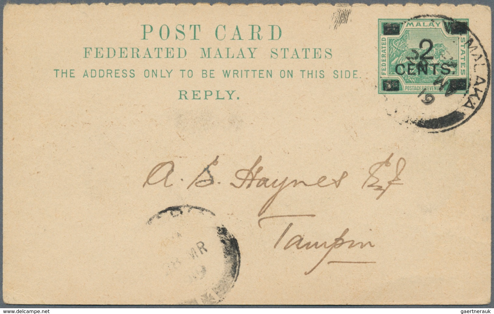 06111 Malaiische Staaten - Negri Sembilan: 1918 (July), Federated Malay States Stat. Postcard Tiger 1c. Su - Negri Sembilan