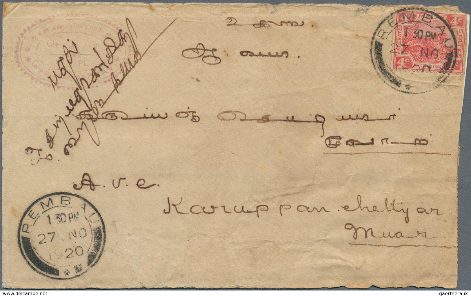 06112 Malaiische Staaten - Negri Sembilan: 1920/1924, REMBAU: Two Covers Bearing FMS Tiger Stamps 6c. Oran - Negri Sembilan