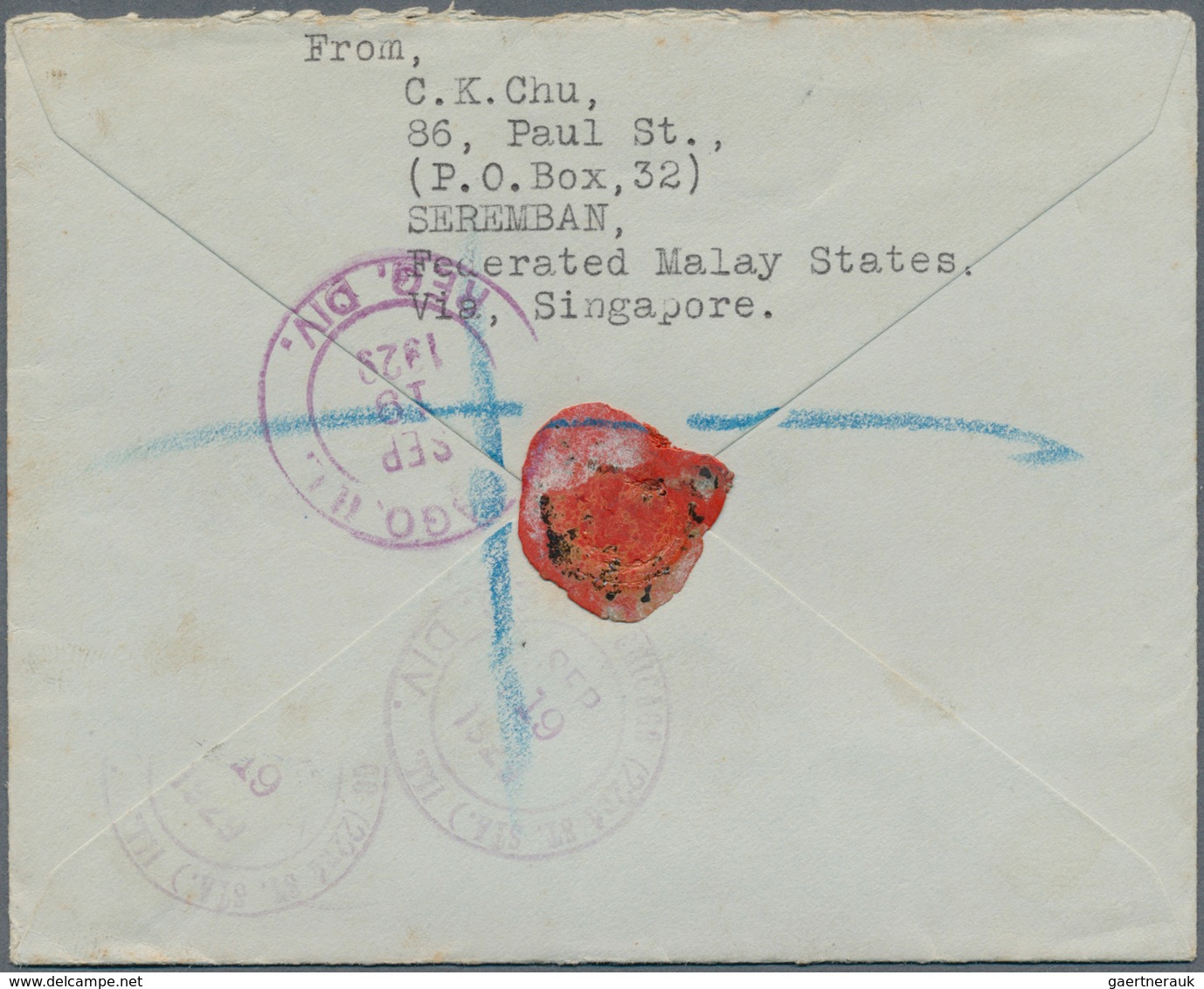 06113 Malaiische Staaten - Negri Sembilan: 1920/1929, SEREMBAN: Federated Malay States Registered Letter 1 - Negri Sembilan