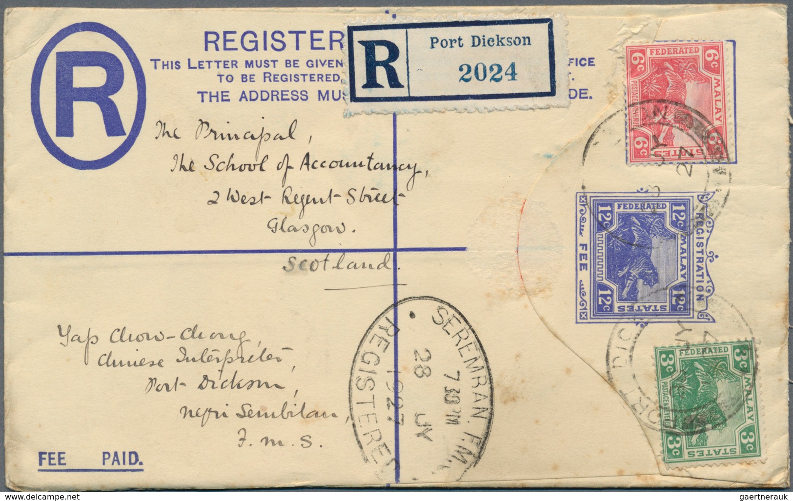 06117 Malaiische Staaten - Negri Sembilan: 1925/1934, PORT DICKSON: Federated Malay States Registered Lett - Negri Sembilan