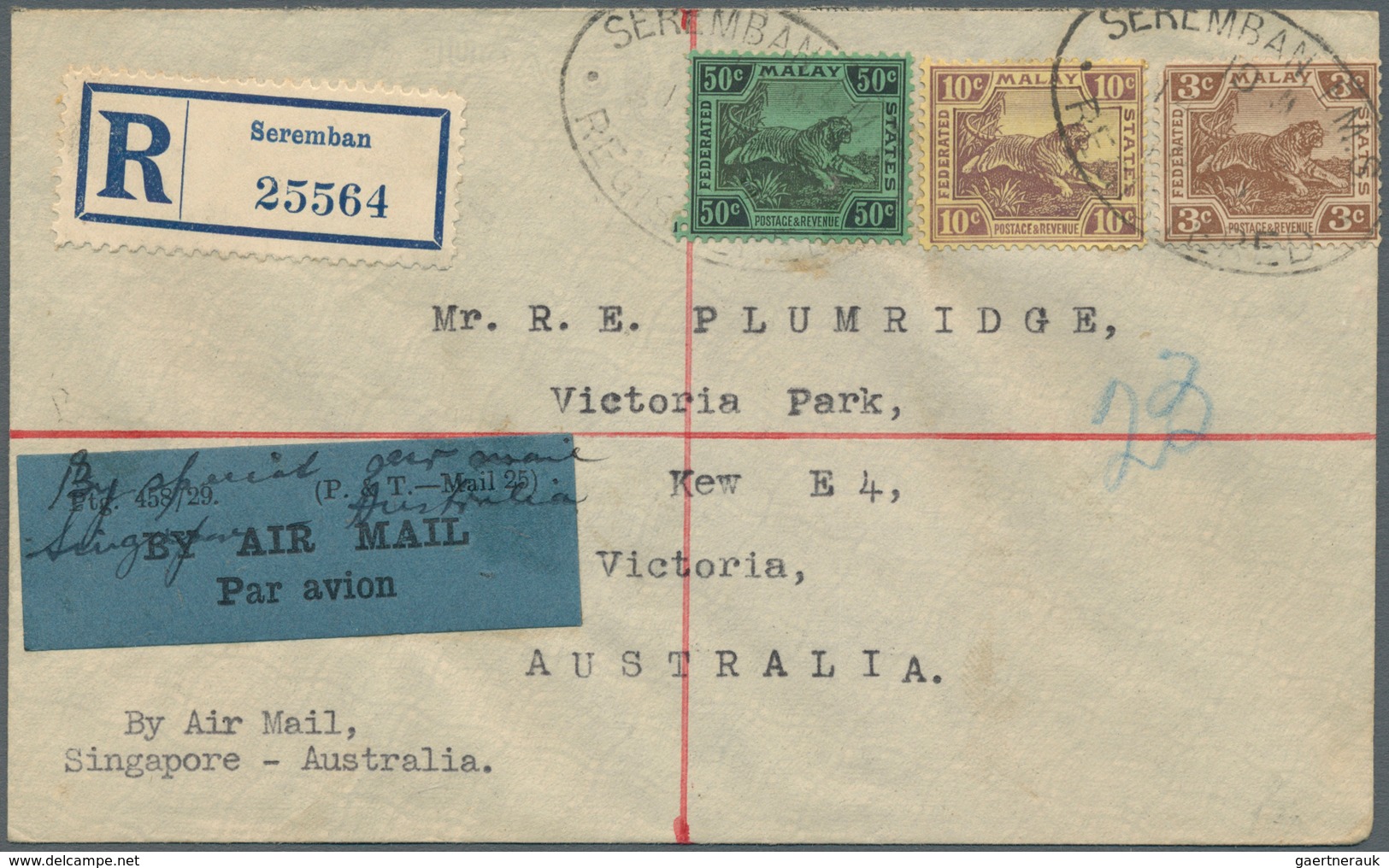 06126 Malaiische Staaten - Negri Sembilan: 1932 Registered Airmail Cover From Seremban To Kew, Victoria, A - Negri Sembilan