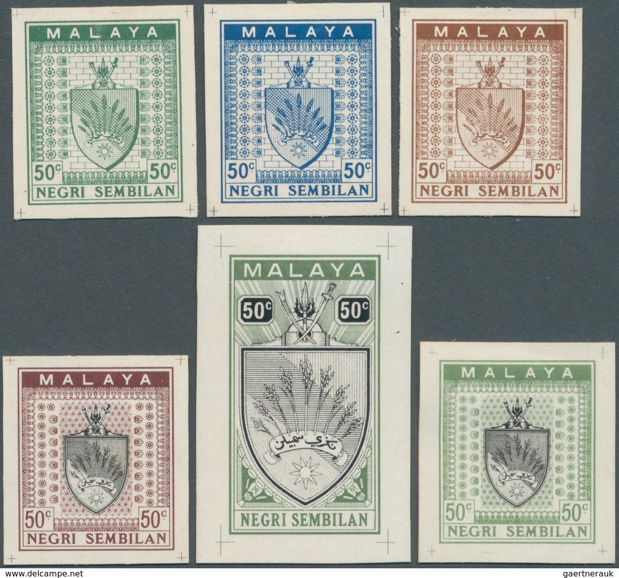 06129 Malaiische Staaten - Negri Sembilan: 1934 (ca.), Six Different Imperforate Survey Department ESSAYS - Negri Sembilan