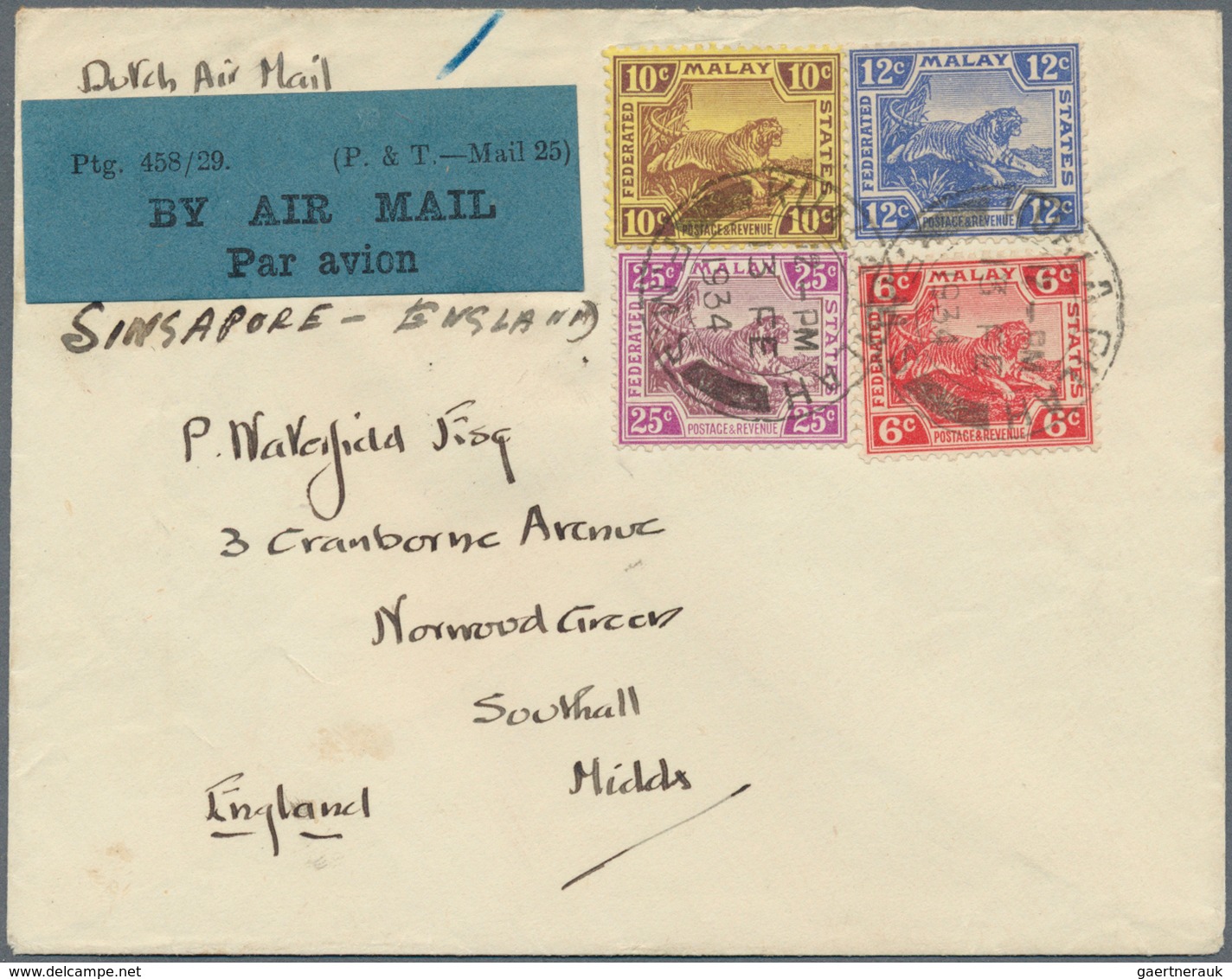 06131 Malaiische Staaten - Negri Sembilan: 1934, KUALA PILAH: Airmail Cover 'Dutch Air Mail Singapore-Engl - Negri Sembilan