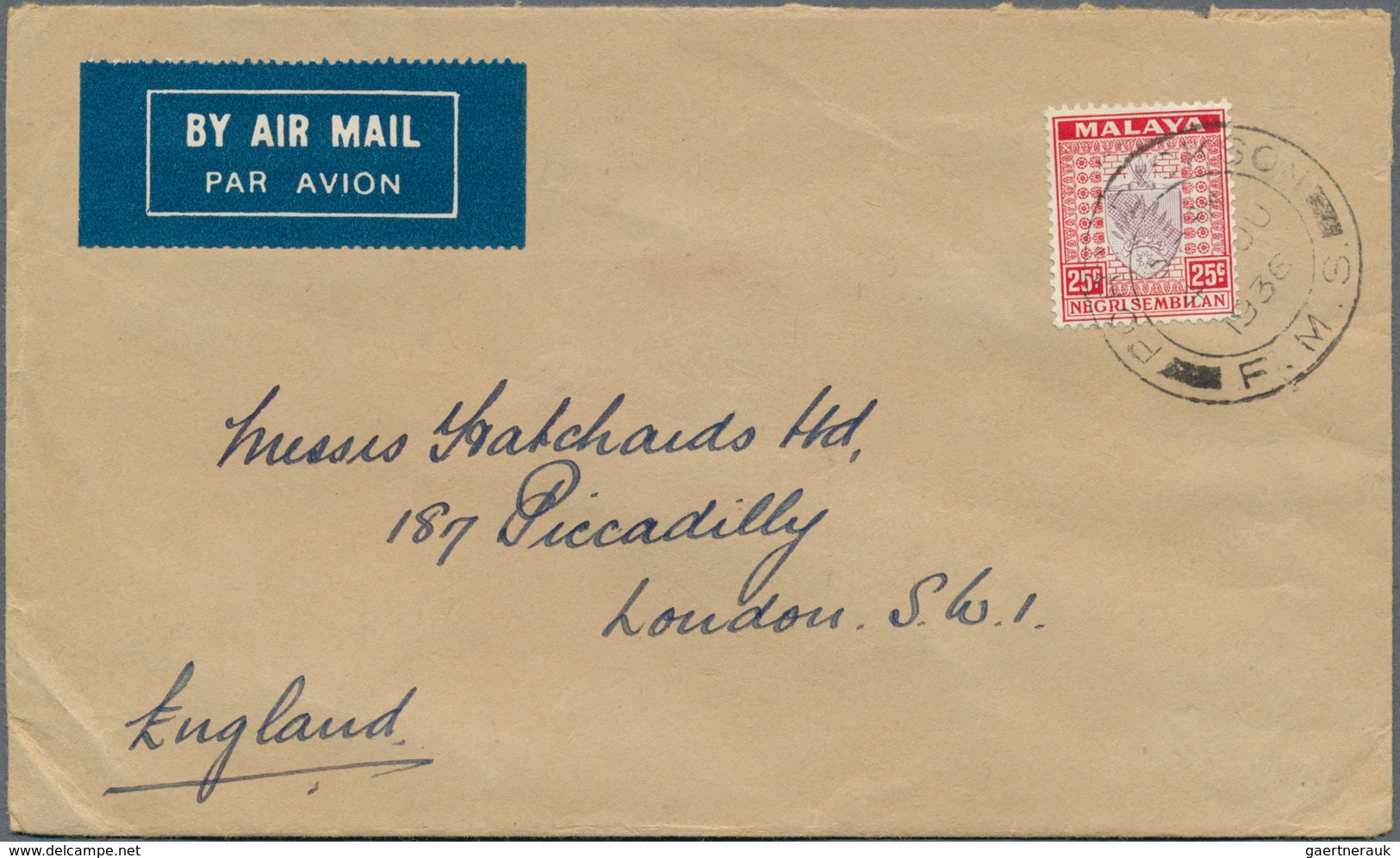 06144 Malaiische Staaten - Negri Sembilan: 1936, 25c. Dull Purple/Scarlet, Single Franking On Airmail Cove - Negri Sembilan