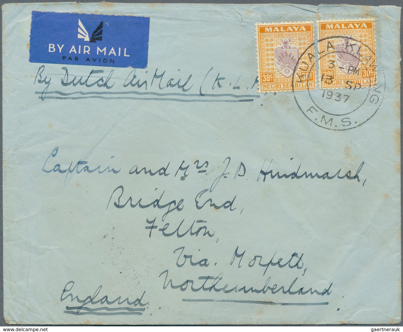 06151 Malaiische Staaten - Negri Sembilan: 1937, 30c. Dull Purple/orange, Two Copies On Airmail Cover "By - Negri Sembilan