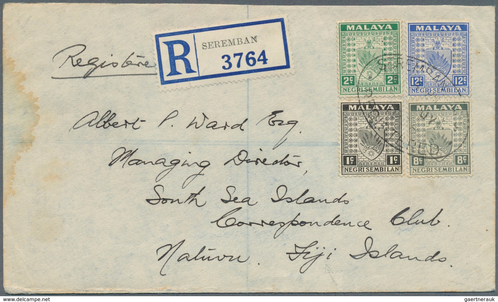 06152 Malaiische Staaten - Negri Sembilan: 1938 (27.7.), Registered Cover From SEREMBAN Franked With Arms - Negri Sembilan