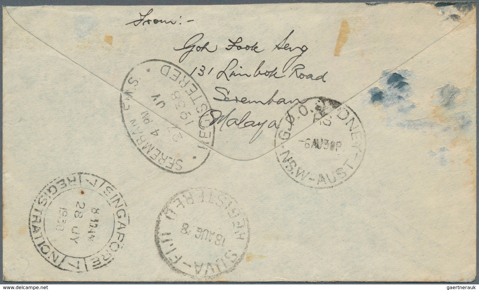 06152 Malaiische Staaten - Negri Sembilan: 1938 (27.7.), Registered Cover From SEREMBAN Franked With Arms - Negri Sembilan