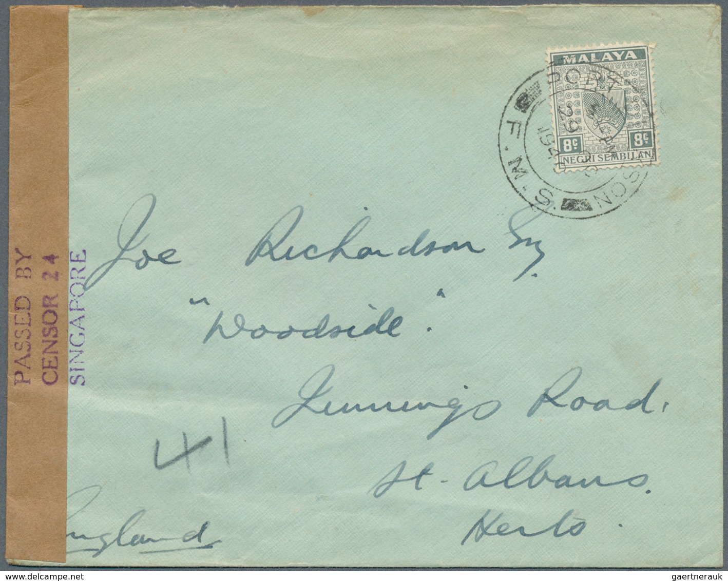 06165 Malaiische Staaten - Negri Sembilan: 1940, Arms Of Negri Sembilan 8c. Grey Single Use On Cover From - Negri Sembilan