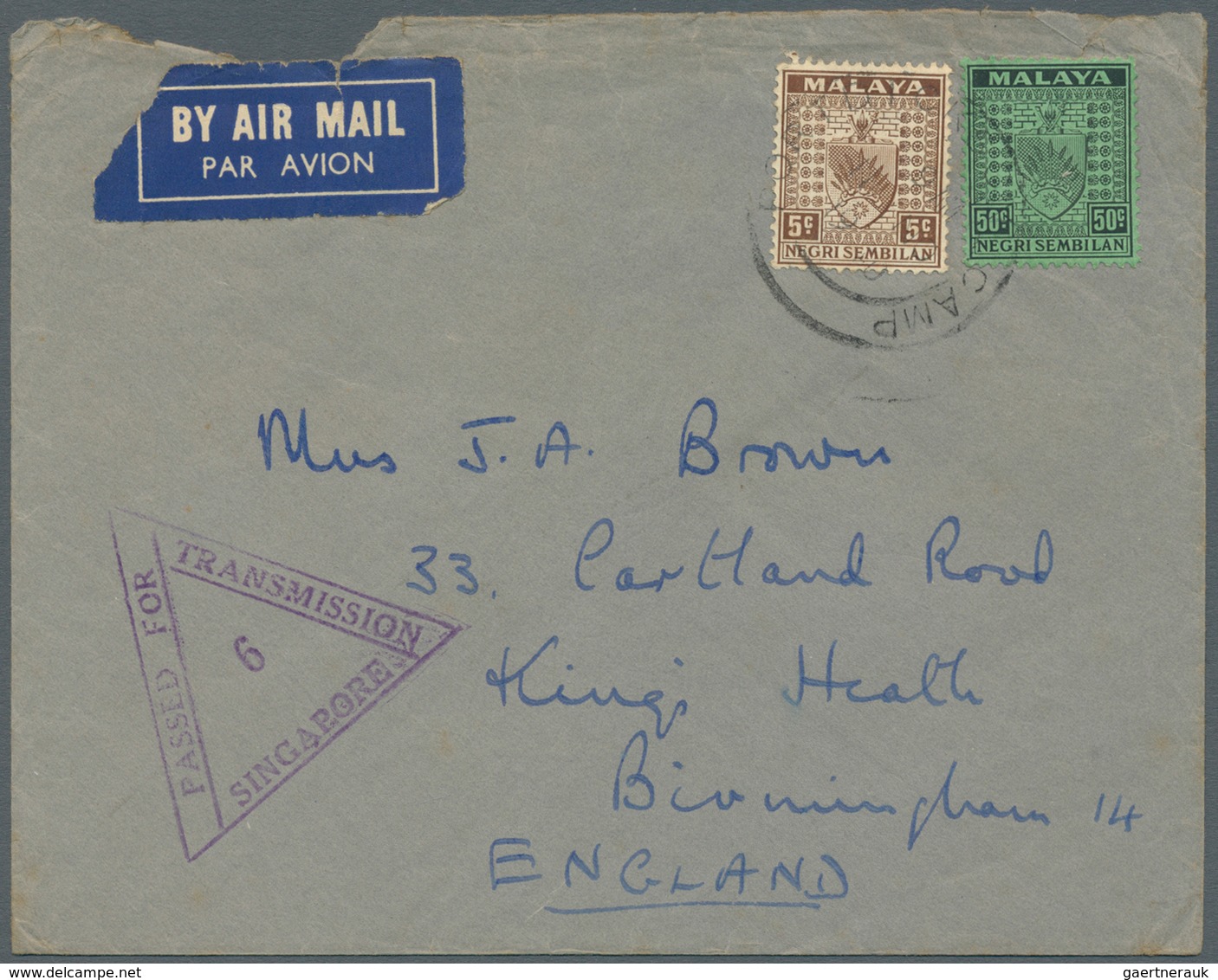 06167 Malaiische Staaten - Negri Sembilan: 1940 PORT DICKSON CAMP: WWII Censored Airmail Cover To England - Negri Sembilan