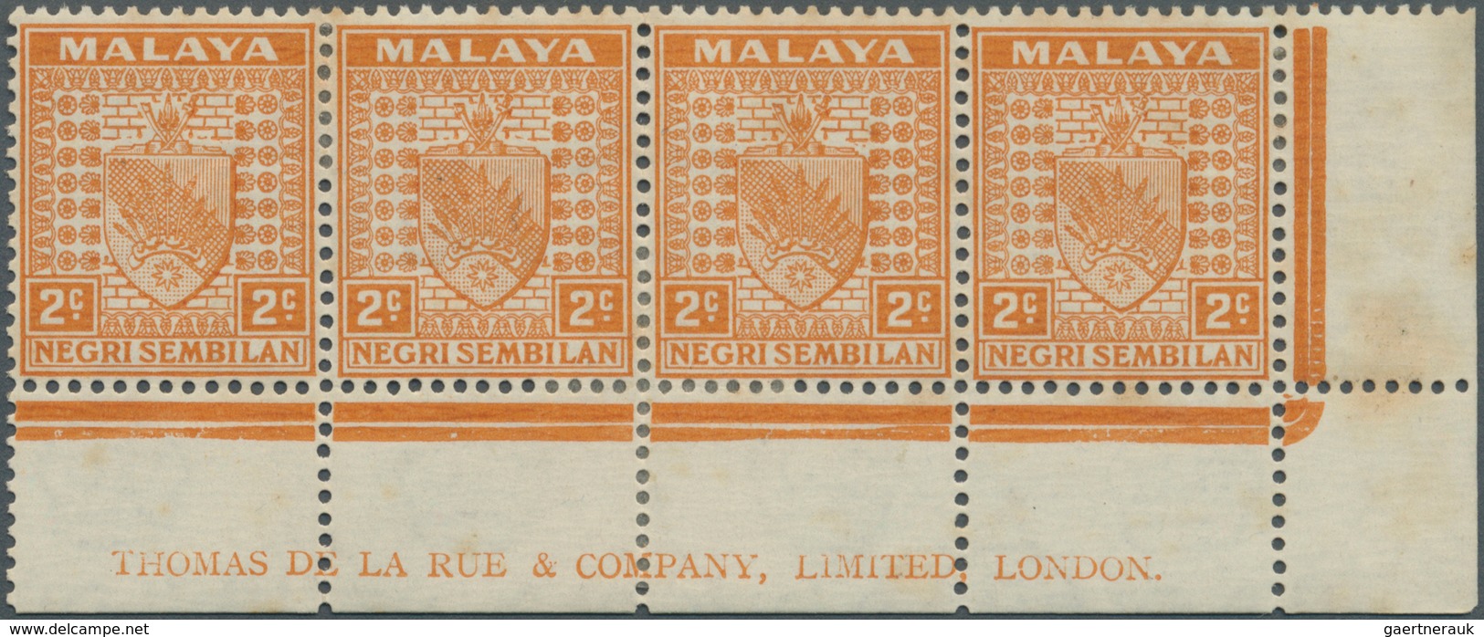 06173 Malaiische Staaten - Negri Sembilan: 1941, 2c. Orange, Marginal Strip Of Four (slightly Separated; T - Negri Sembilan