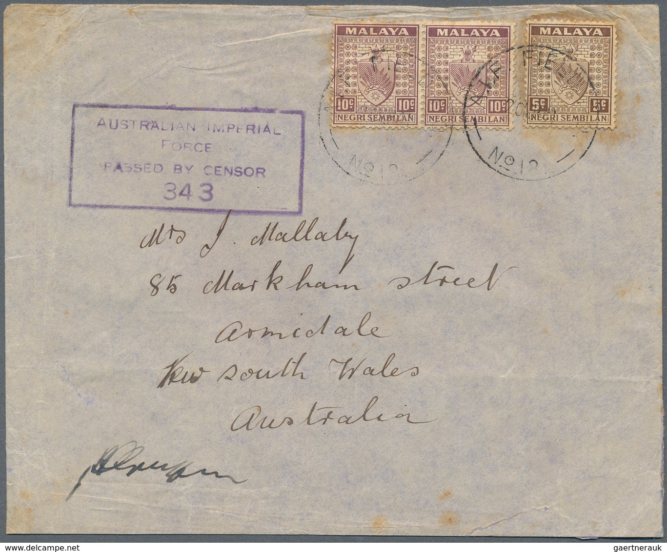 06176 Malaiische Staaten - Negri Sembilan: 1941, FORCES MAIL: Coat Of Arms 5c. Brown And 10c. Dull Purple - Negri Sembilan