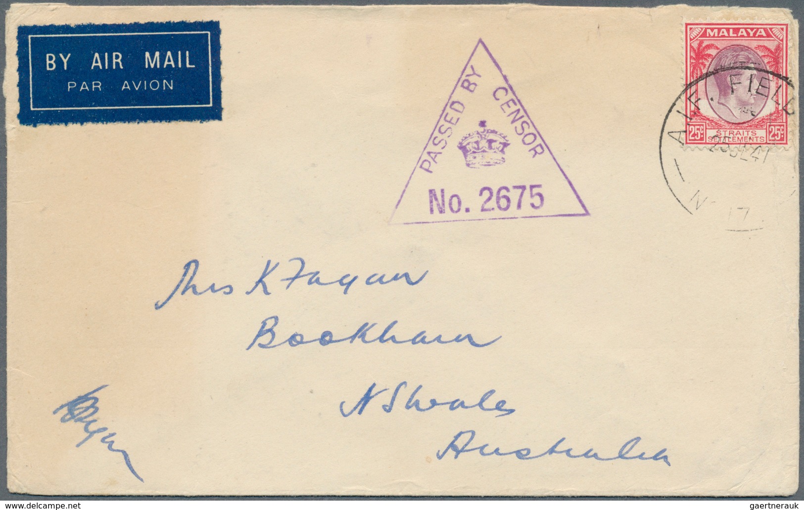 06189 Malaiische Staaten - Negri Sembilan: 1941, FORCES MAIL: Straits Settlements KGVI 25c. Purple/scarlet - Negri Sembilan