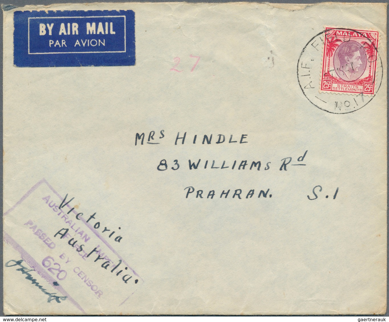 06191 Malaiische Staaten - Negri Sembilan: 1941, FORCES MAIL: Straits Settlements KGVI 25c. Purple/scarlet - Negri Sembilan