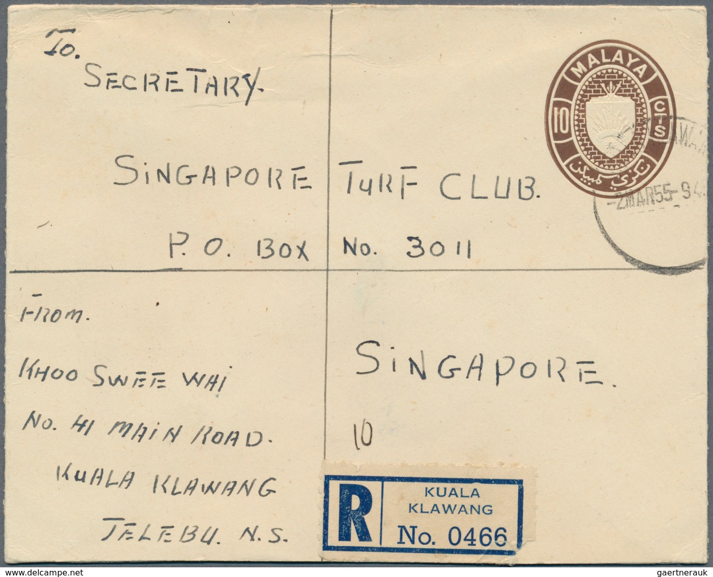 06221 Malaiische Staaten - Negri Sembilan: 1955 (2.3.), Coat Of Arms Stat. Envelope 10c. Embossed Oval Upr - Negri Sembilan