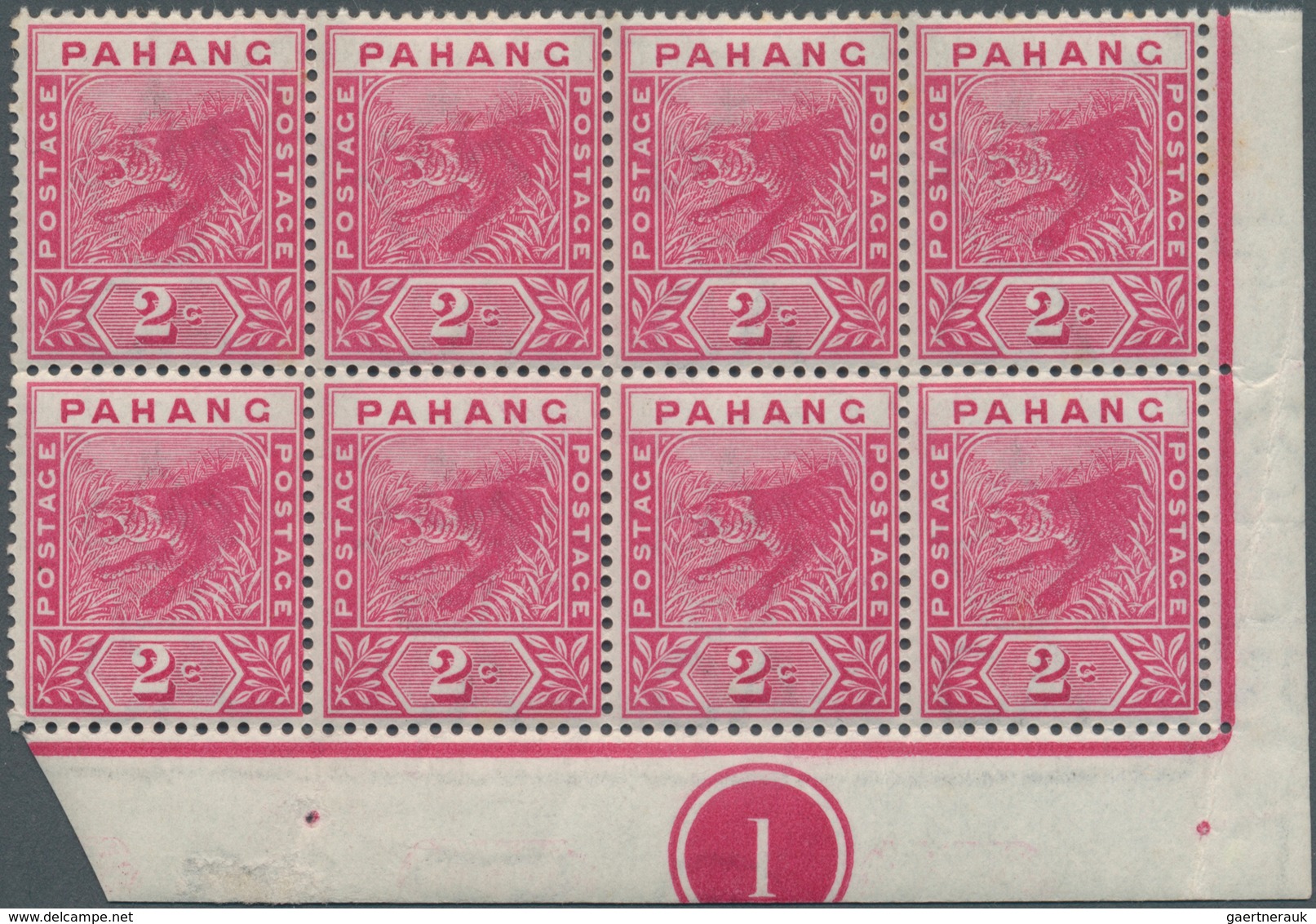 06230 Malaiische Staaten - Pahang: 1891, 2c. Rose, Marginal Block Of Eight From The Lower Right Corner Of - Pahang