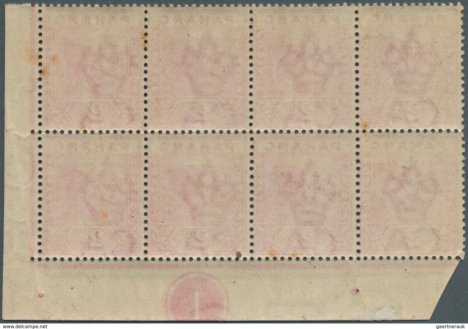 06230 Malaiische Staaten - Pahang: 1891, 2c. Rose, Marginal Block Of Eight From The Lower Right Corner Of - Pahang