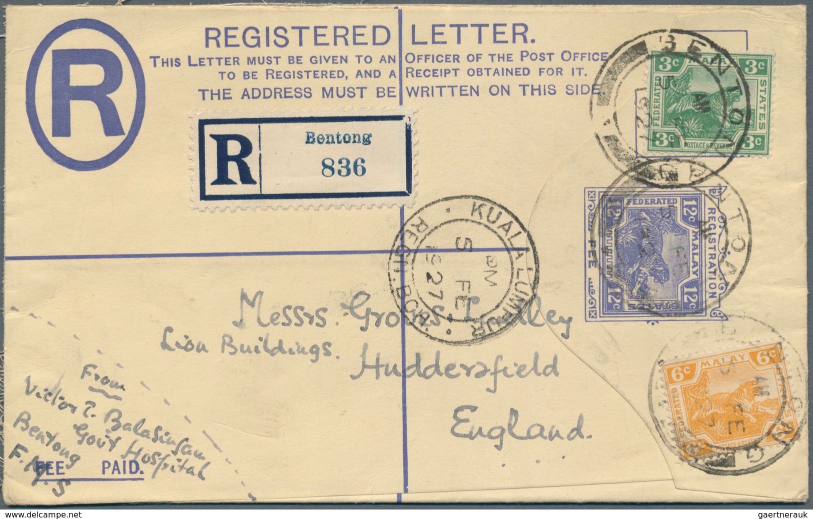 06254 Malaiische Staaten - Pahang: 1927 (5/2): Bentong, FMS 15c Registered Envelope To England, Uprated Wi - Pahang