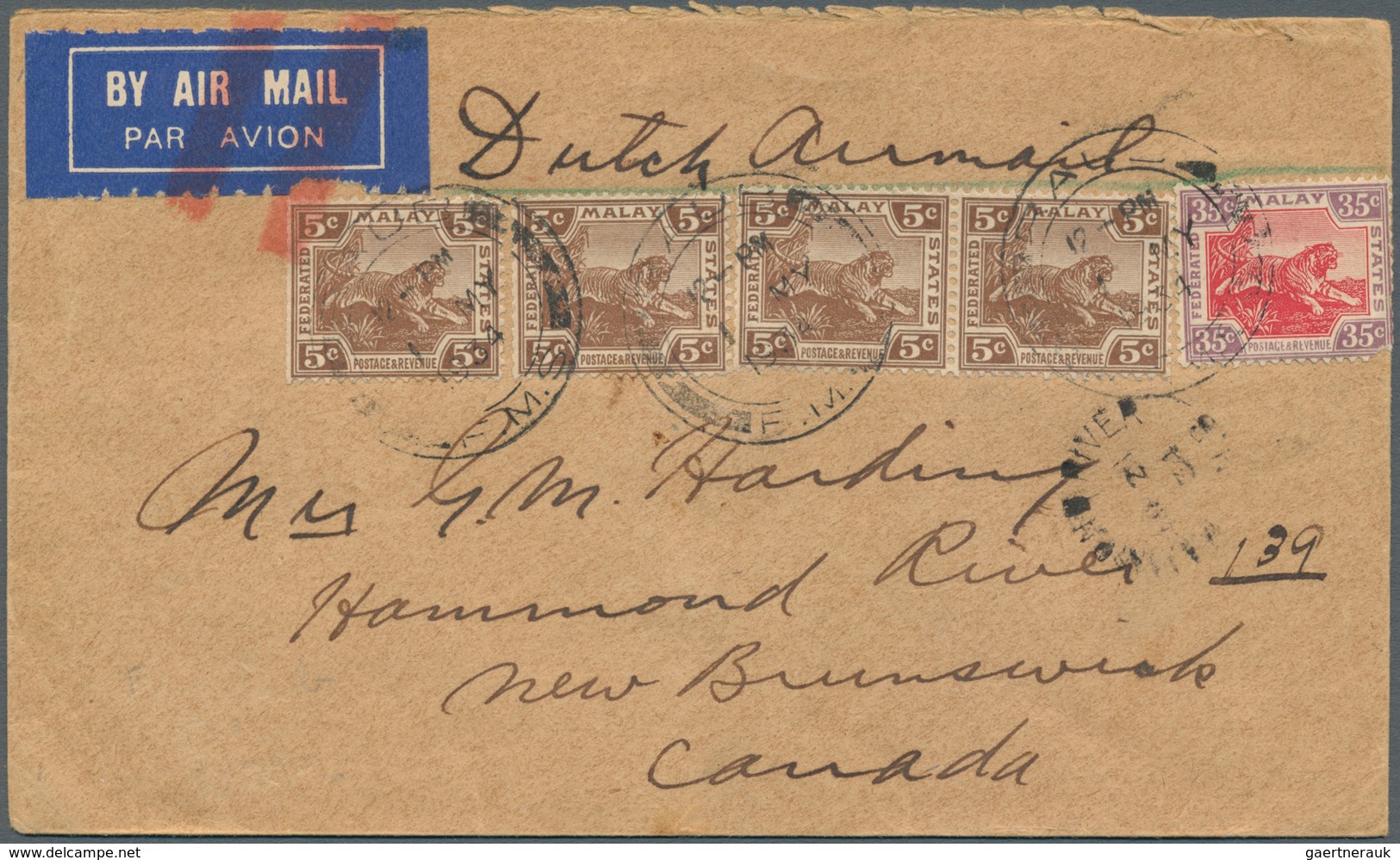 06256 Malaiische Staaten - Pahang: 1934 Airmail Cover From Raub To Hammond River, New Brunswick, Canada By - Pahang
