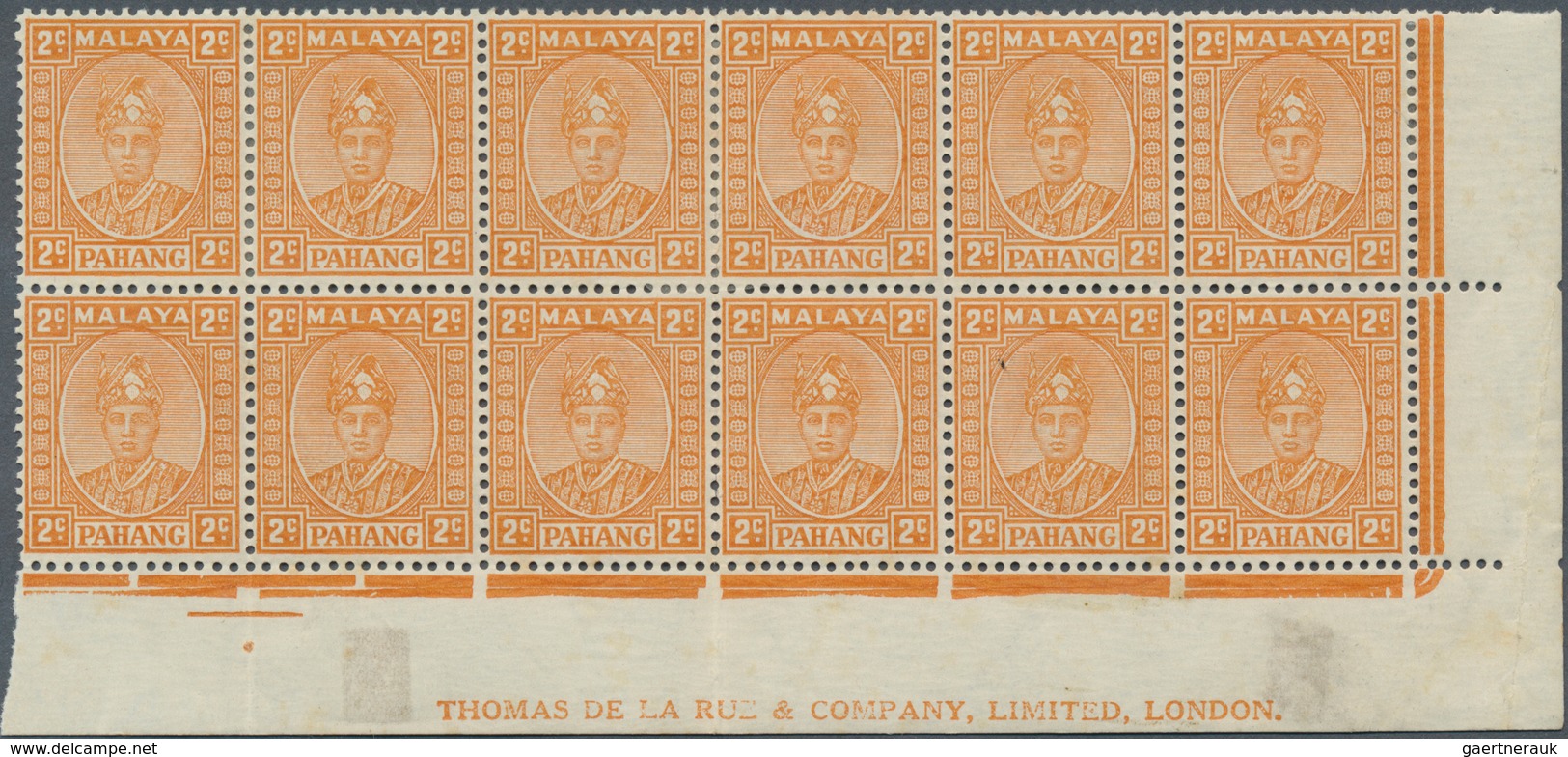 06269 Malaiische Staaten - Pahang: 1940, 2c. Orange, Not Issued, Bottom Marginal Block Of Twelve With Impr - Pahang