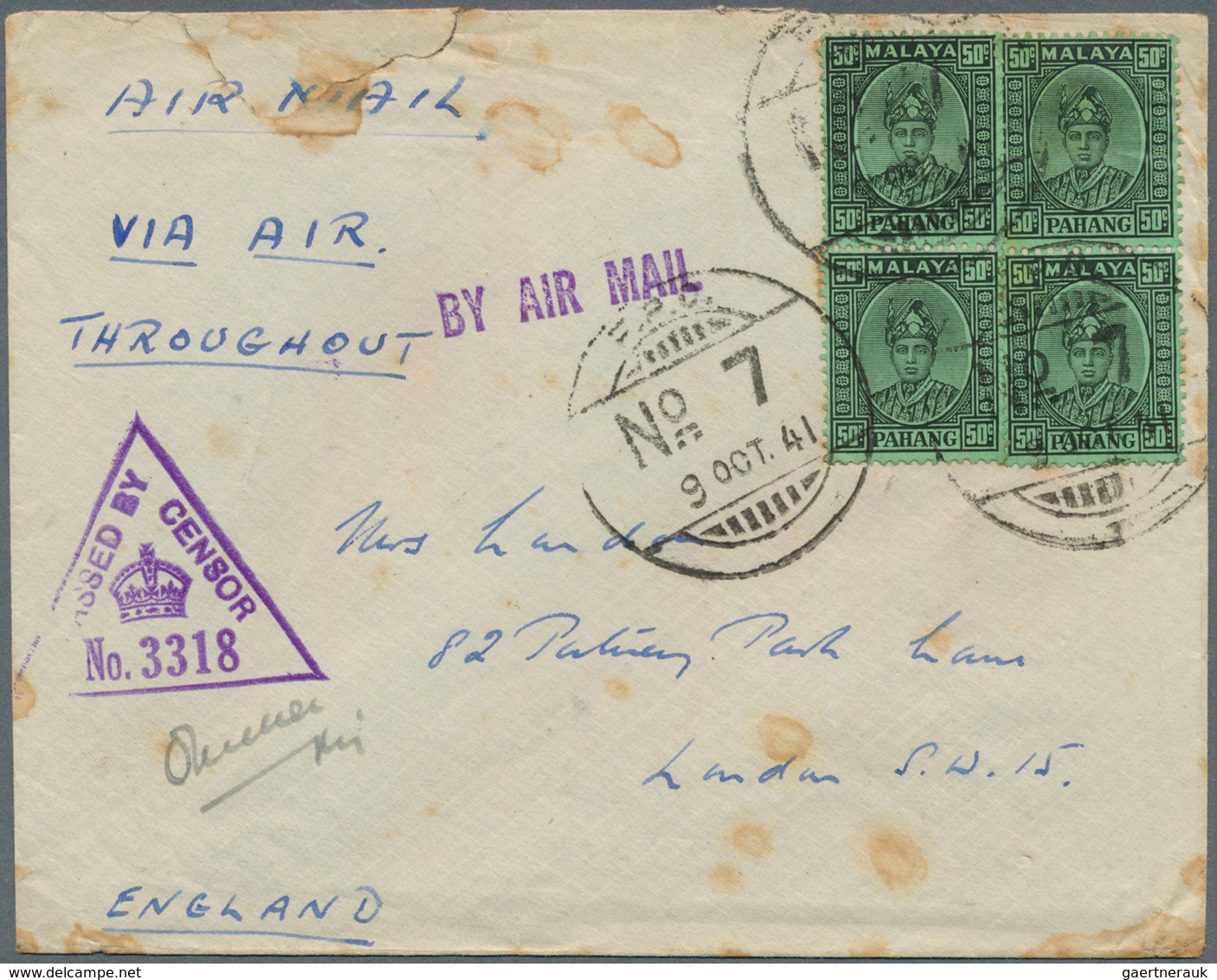 06280 Malaiische Staaten - Pahang: 1941 (9.10.), Airmail Cover Endorsed 'via Air Throughout' Bearing Sulta - Pahang
