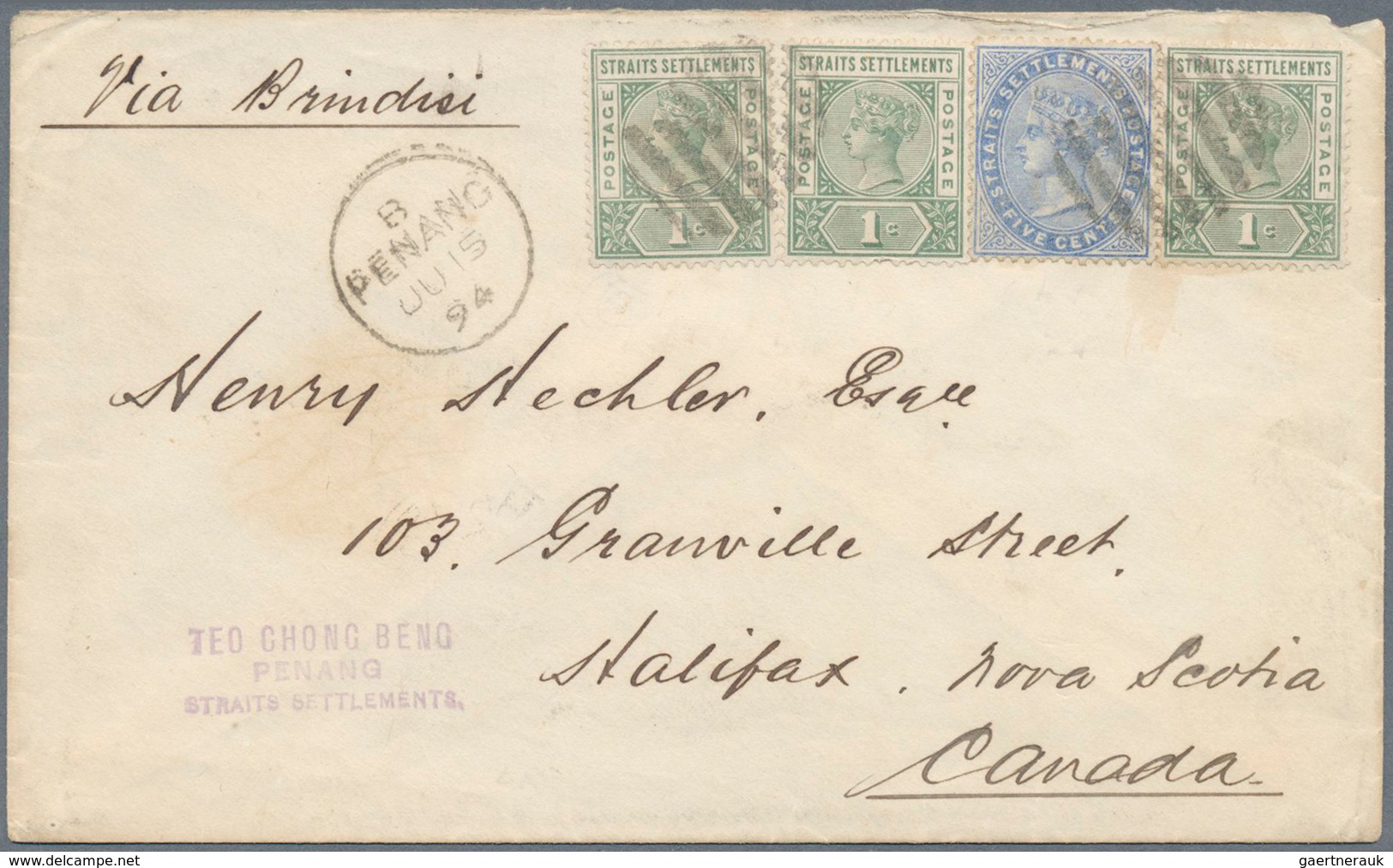 06339 Malaiische Staaten - Penang: 1894, 5c. Blue And Three Copies 1c. Green, 8c. Rate On Cover From "PENA - Penang