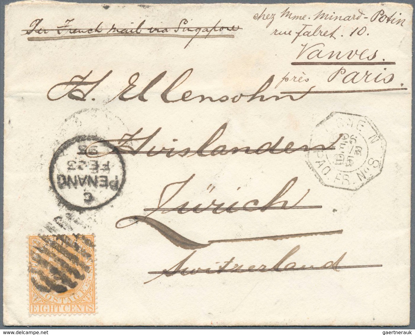 06341 Malaiische Staaten - Penang: 1895, 8c. Orange On Cover From "PENANG FE 23 95" To Zurich/Switzerland, - Penang