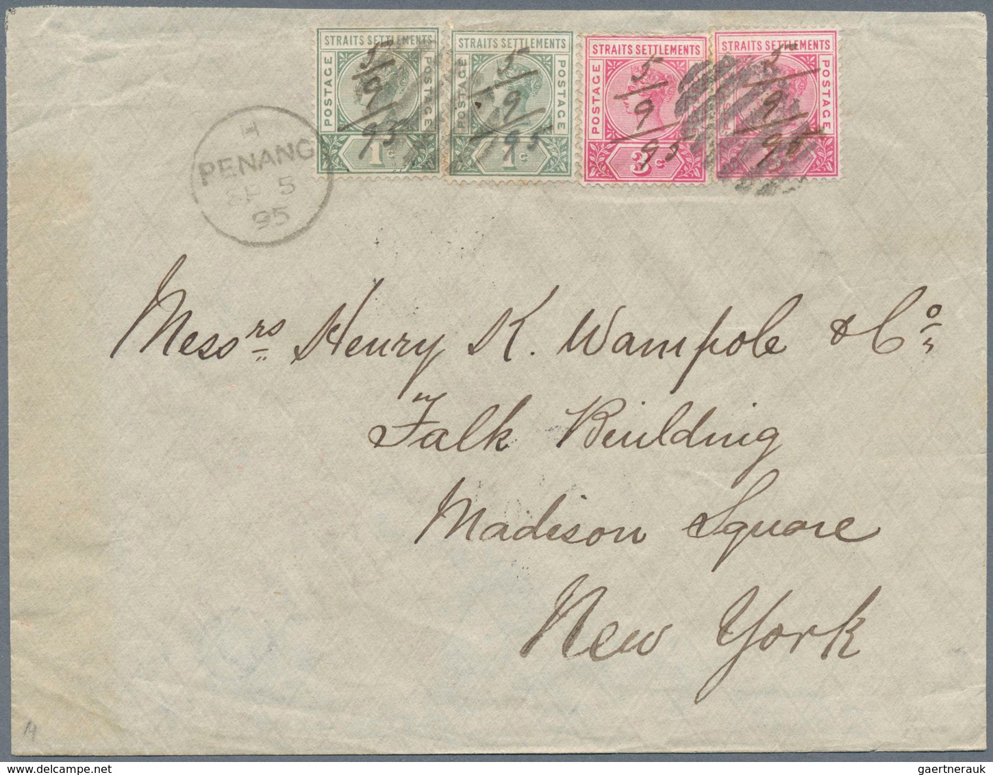 06343 Malaiische Staaten - Penang: 1895, 1c. Green And 3c. Carmine-rose, Two Copies Each, 8c. Rate On Cove - Penang