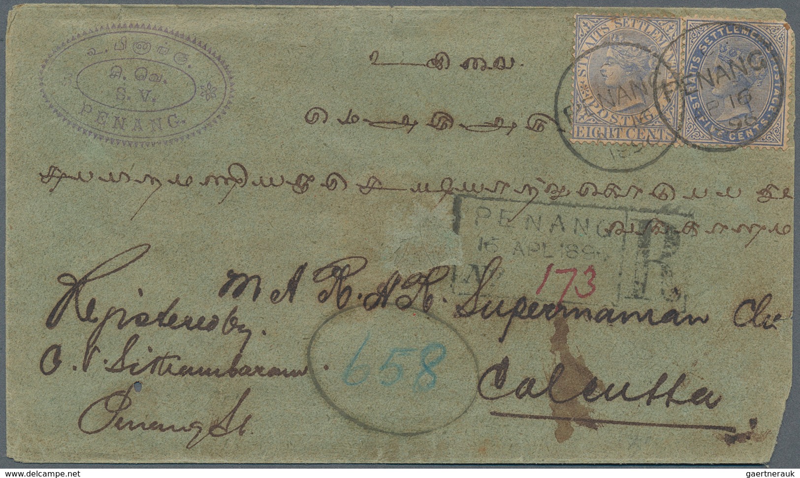 06344 Malaiische Staaten - Penang: 1896 (16.4.), Straits Settlements QV 8c. Blue And 5c. Blue Used On Regi - Penang