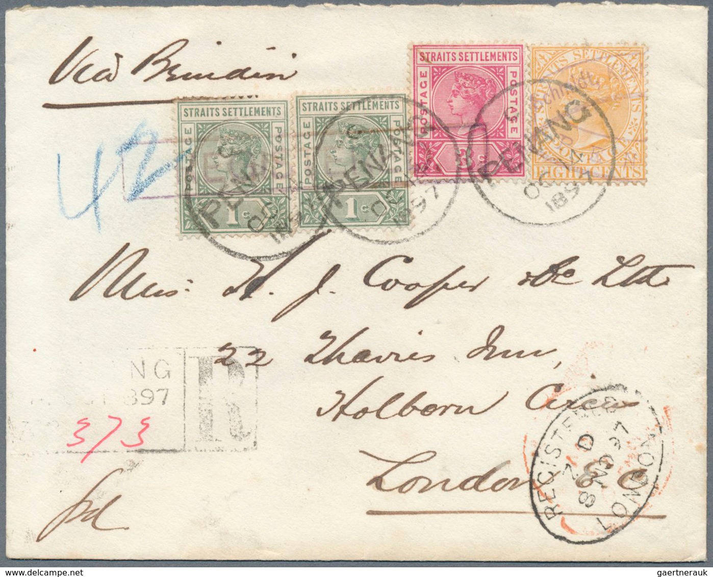 06346 Malaiische Staaten - Penang: 1897, 8c. Orange With Chop Mark, 1c. Green (2), And 3c. Carmine-rose (t - Penang