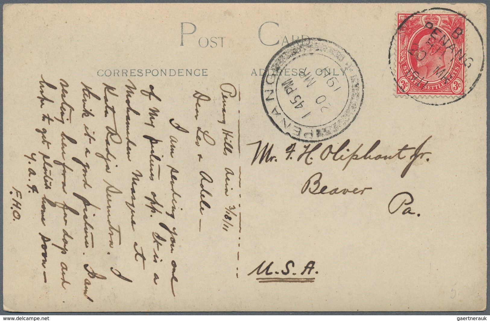 06361 Malaiische Staaten - Penang: 1906/1924, PENANG HILL: Straits Settlements KGV 2c. Green Single On Fro - Penang