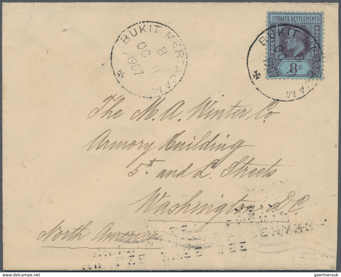 06365 Malaiische Staaten - Penang: 1907 Cover From Bukit Mertajam To Washington D.C., USA Franked Straits - Penang