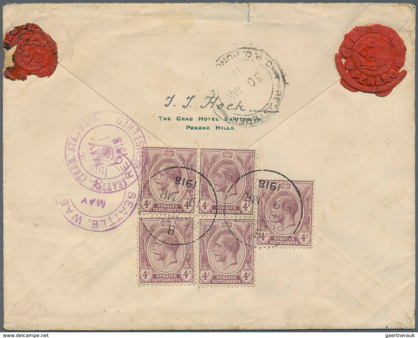 06375 Malaiische Staaten - Penang: 1918, 4c. Dull Purple, Five Copies On Reverse Of Registered Cover From - Penang