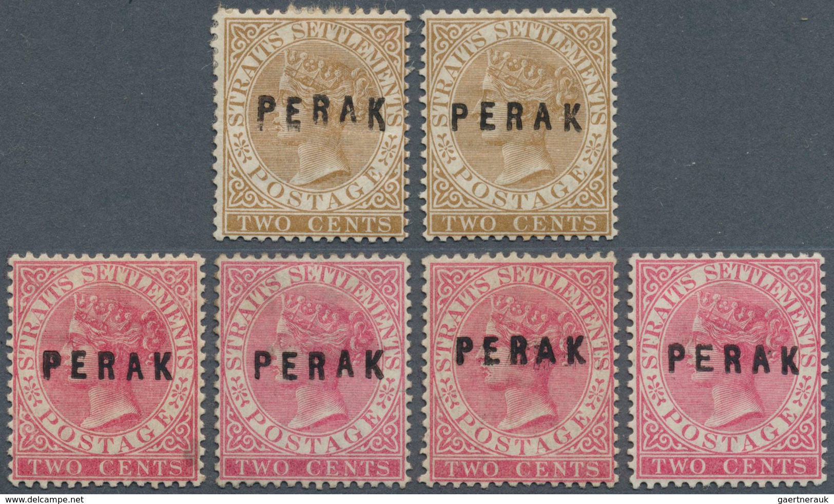 06477 Malaiische Staaten - Perak: 1882-83 Six Stamps QV 2c., Wmk Crown CA, With The Four Different Types O - Perak