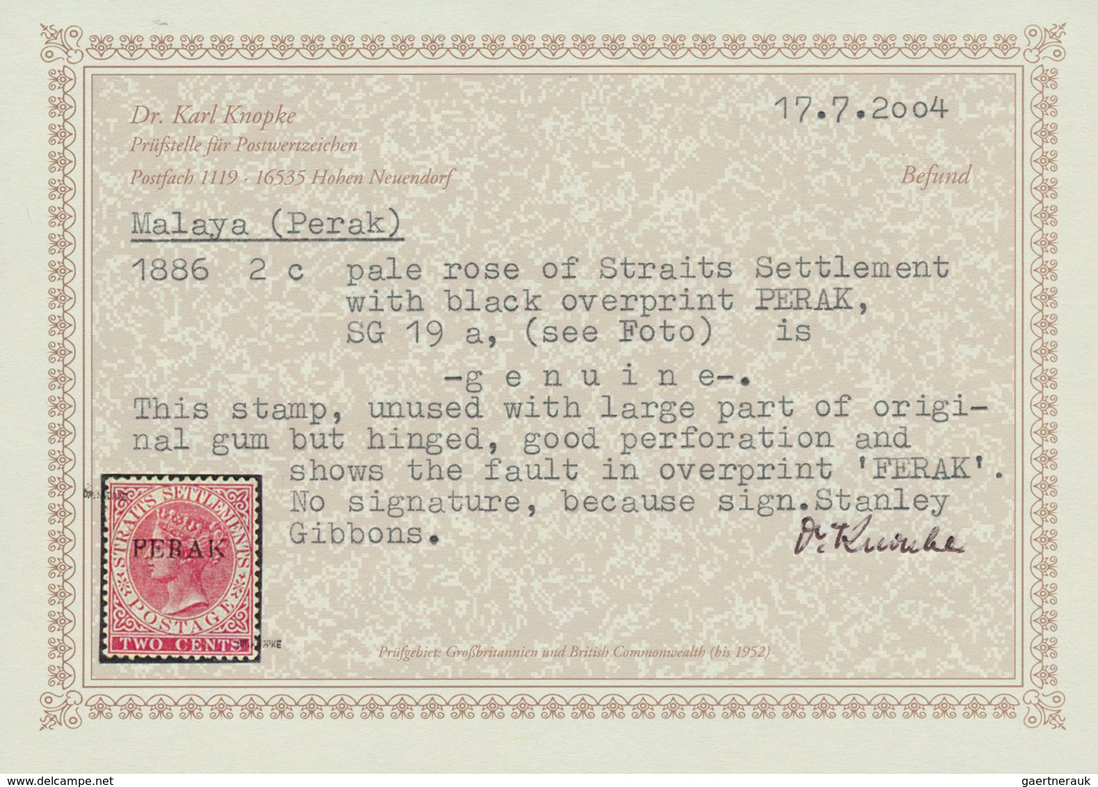 06482 Malaiische Staaten - Perak: 1884/1890, Straits Settlements QV 2c. Pale Or Bright Rose Wmkd. Crown CA - Perak