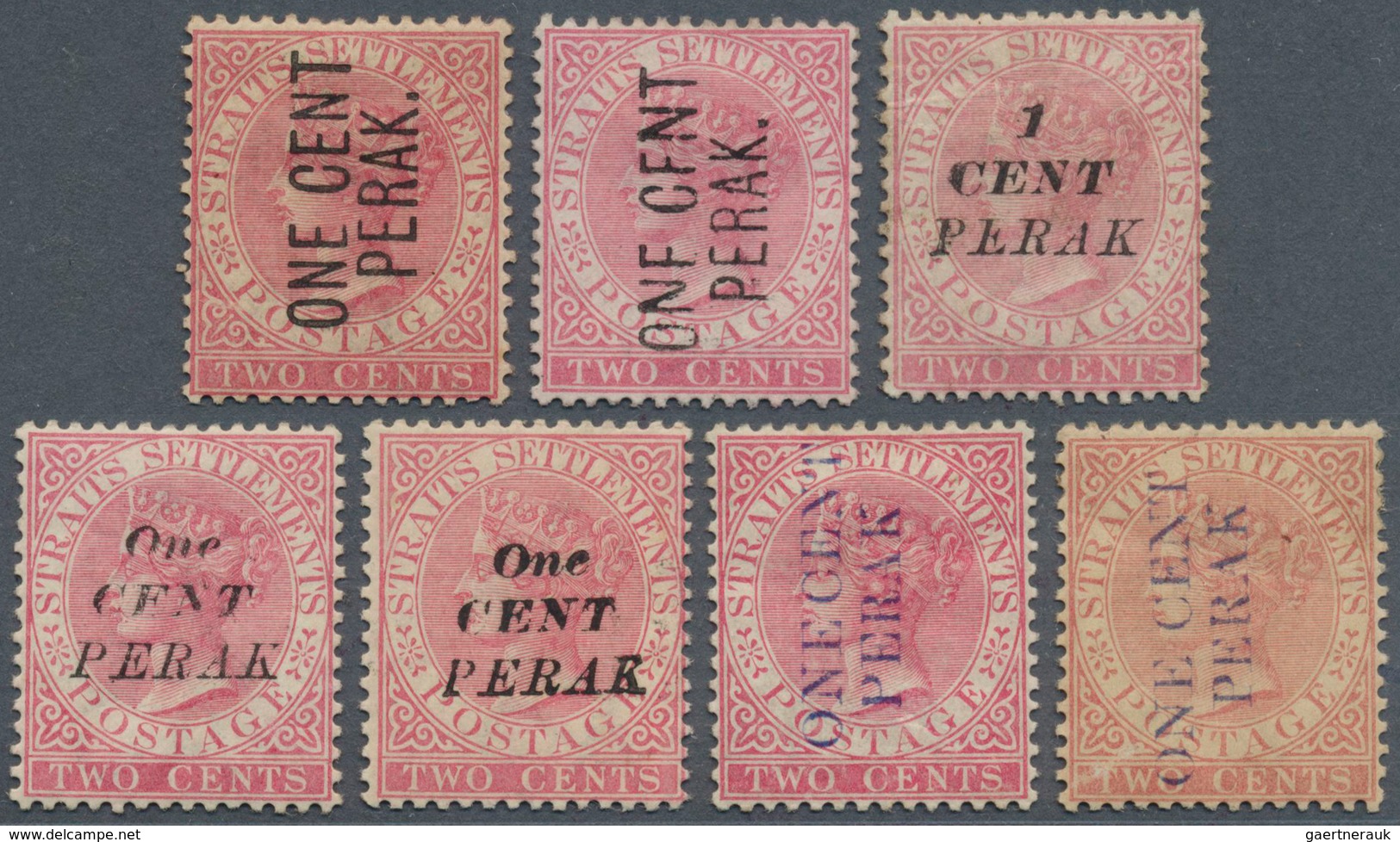 06489 Malaiische Staaten - Perak: 1886-87, Seven Single 2c. Rose With Various "One Cent" Overprints, I.e. - Perak