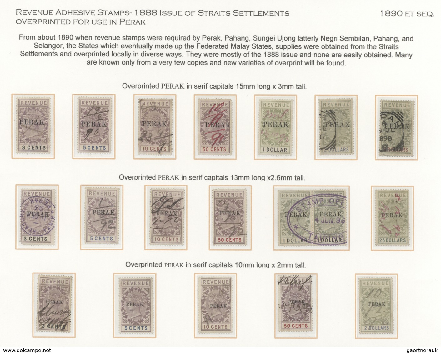 06492 Malaiische Staaten - Perak: 1888-90 REVENUES, Three Near To Complete/complete Sets, With 1888 Issue - Perak