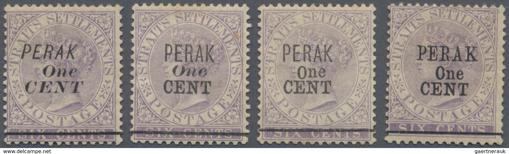 06500 Malaiische Staaten - Perak: 1891, Straits Settlements QV 6c. Lilac Wmkd. Crown CA Four Stamps With B - Perak