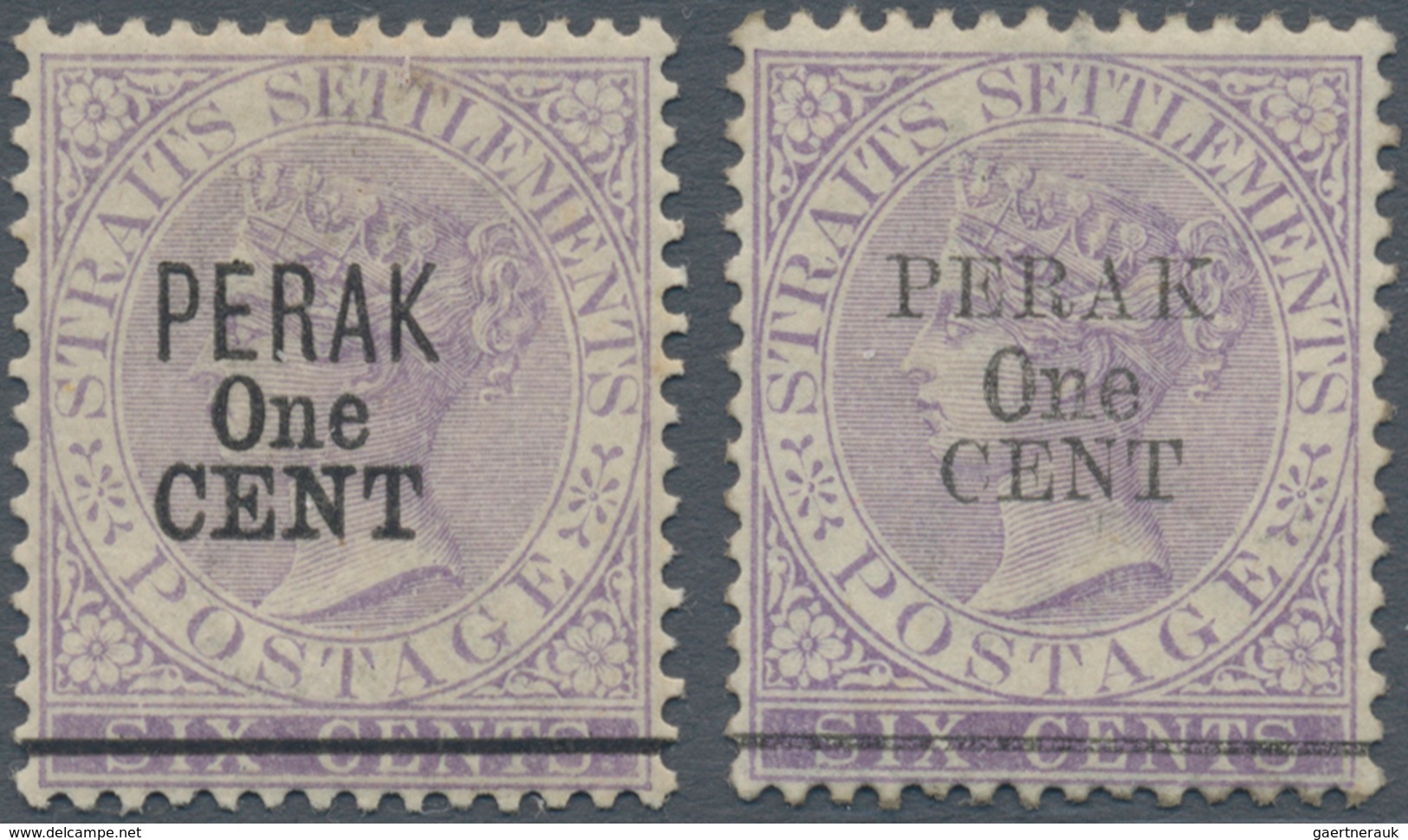 06501 Malaiische Staaten - Perak: 1891, Straits Settlements QV 6c. Lilac Wmk. Crown CA Two Stamps With Bla - Perak