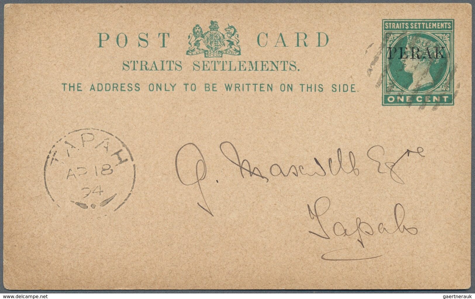 06508 Malaiische Staaten - Perak: 1894, TAPAH: Straits Settlements QV 1c. Green Stat. Postcard Optd. 'PERA - Perak