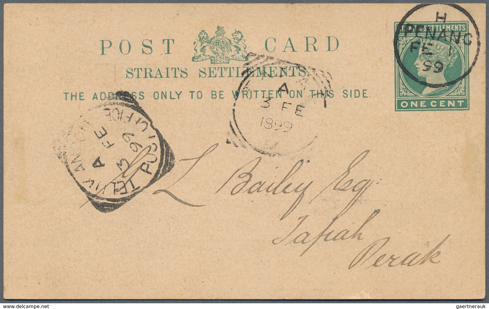 06508 Malaiische Staaten - Perak: 1894, TAPAH: Straits Settlements QV 1c. Green Stat. Postcard Optd. 'PERA - Perak