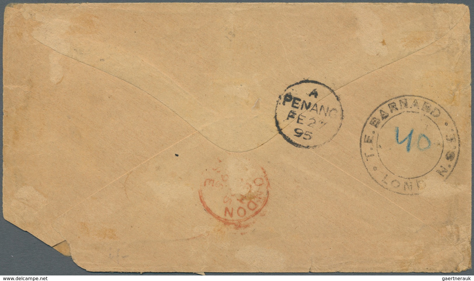 06509 Malaiische Staaten - Perak: 1895 TELUK ANSON: Cover To London Via Penang Franked With Five Perak 189 - Perak