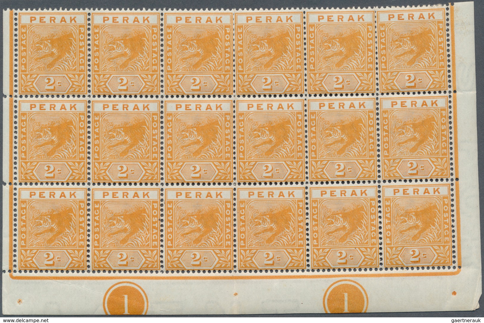 06510 Malaiische Staaten - Perak: 1895, 2c. Orange, Bright Colour, Marginal Block Of 18 (folded, Slightly - Perak