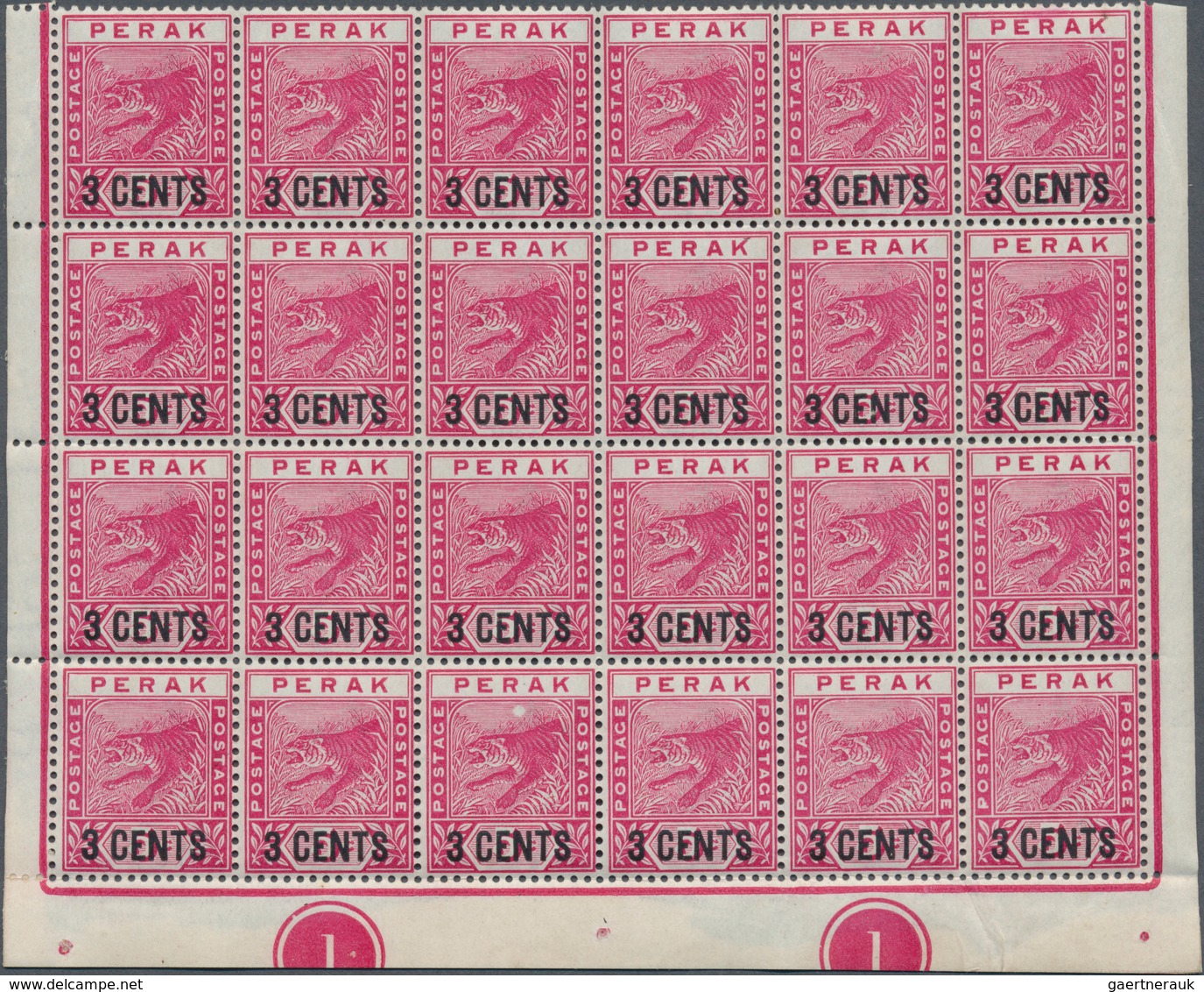 06511 Malaiische Staaten - Perak: 1895, 3c. On 5c. Rose, Bright Colour, Marginal Block Of 24 From Lower Pa - Perak