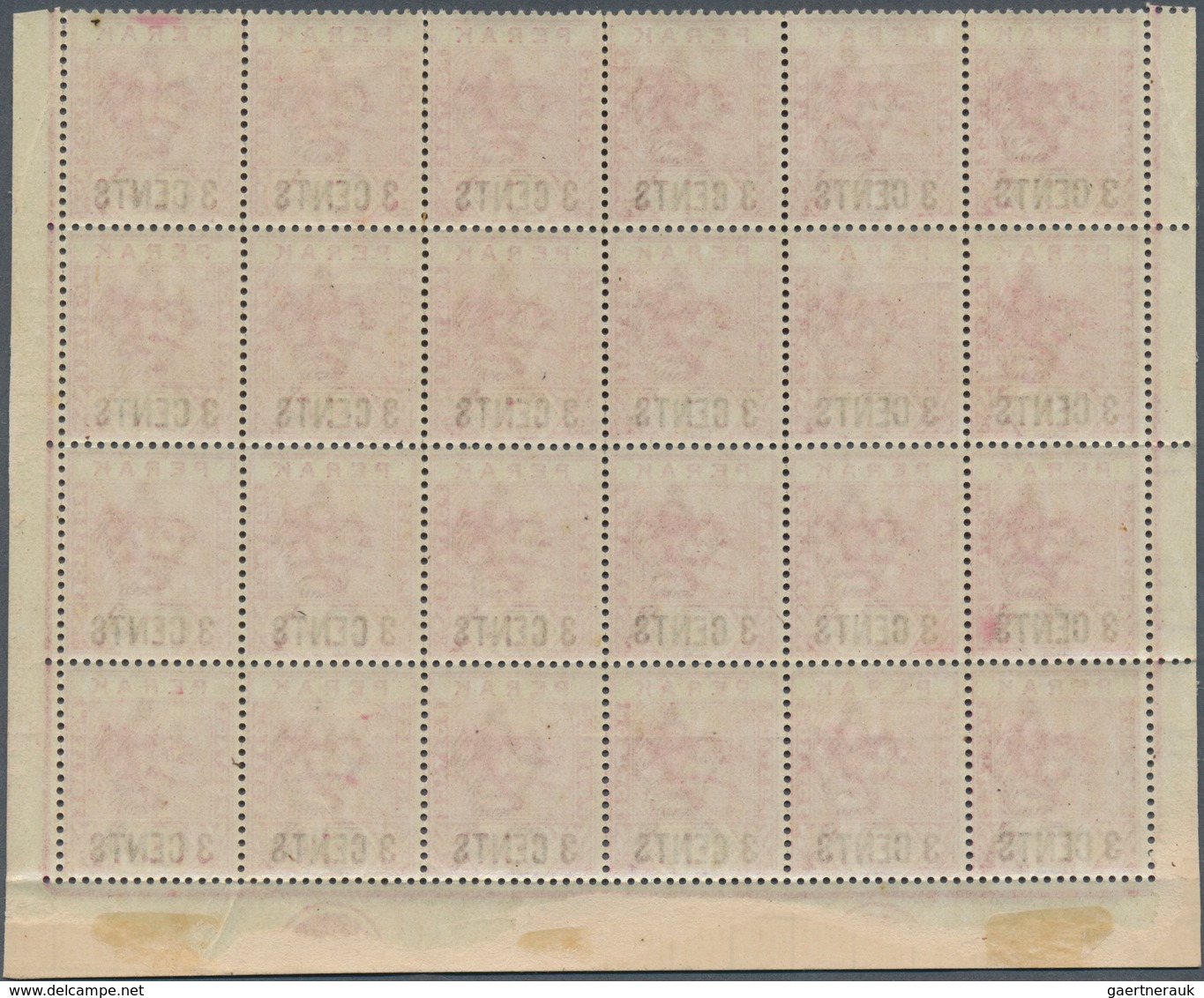 06511 Malaiische Staaten - Perak: 1895, 3c. On 5c. Rose, Bright Colour, Marginal Block Of 24 From Lower Pa - Perak