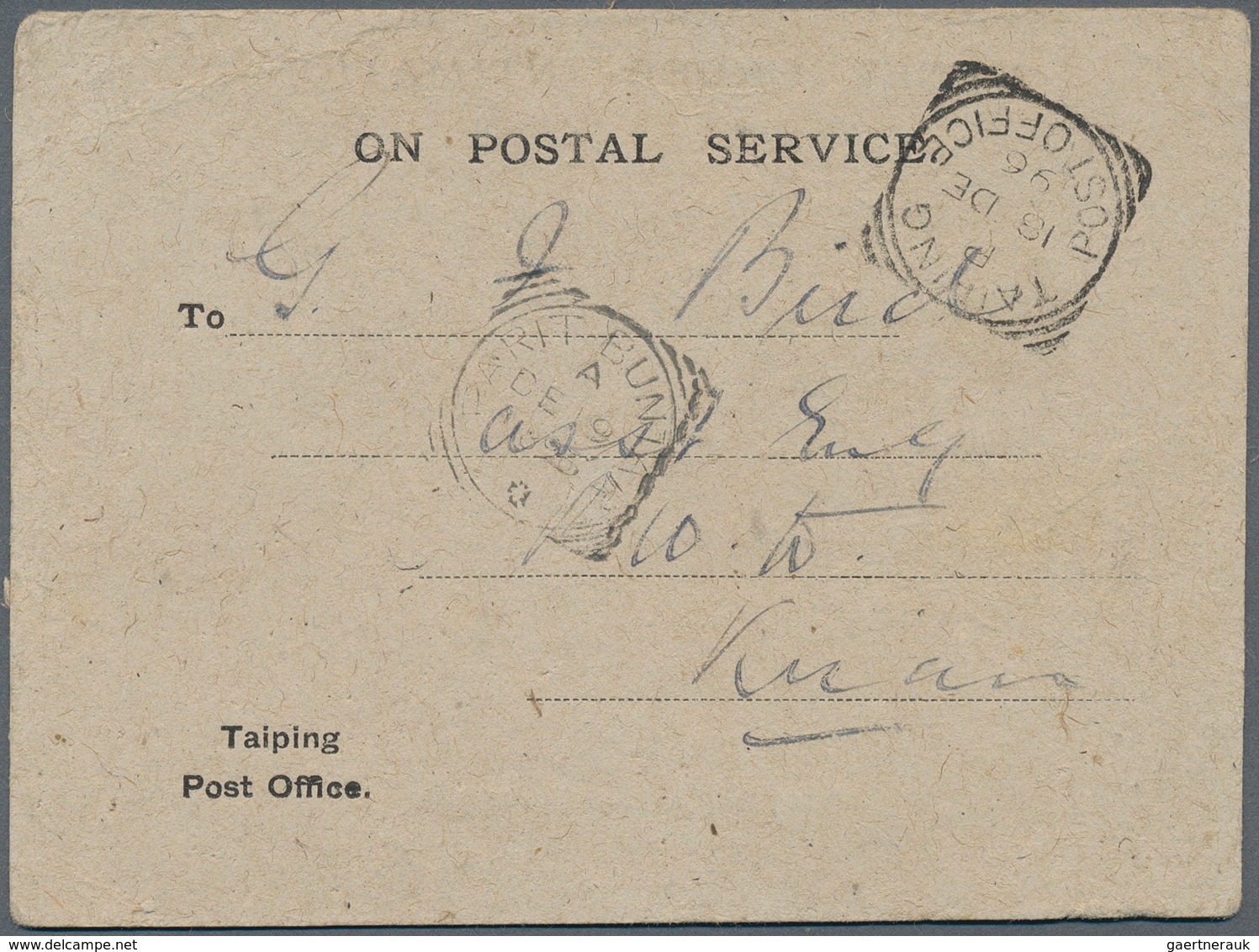 06515 Malaiische Staaten - Perak: 1896 (18.12.), Stampless Official 'ON POSTAL SERVICE' Postcard Of Taipin - Perak