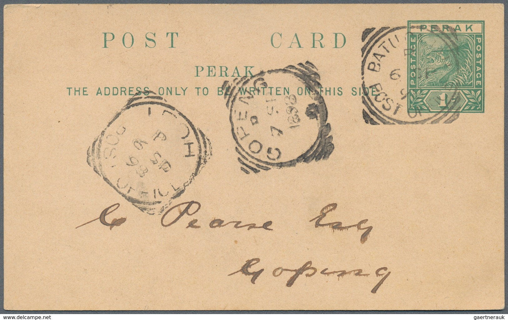 06522 Malaiische Staaten - Perak: 1898, BATU GAJAH: Stat. Postcard Tiger 1c. Green Used With Squared Circl - Perak