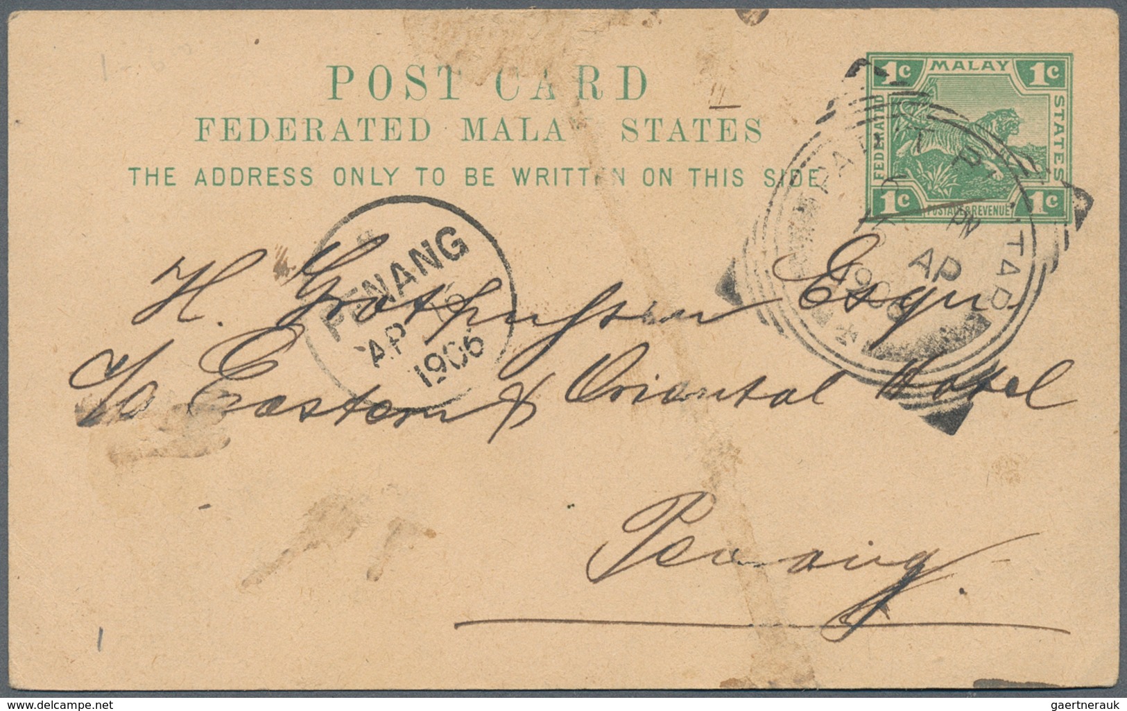 06524 Malaiische Staaten - Perak: 1900/1906, PARIT BUNTAR: Tiger Head 2c. Purple/brown And 1c. Purple/gree - Perak