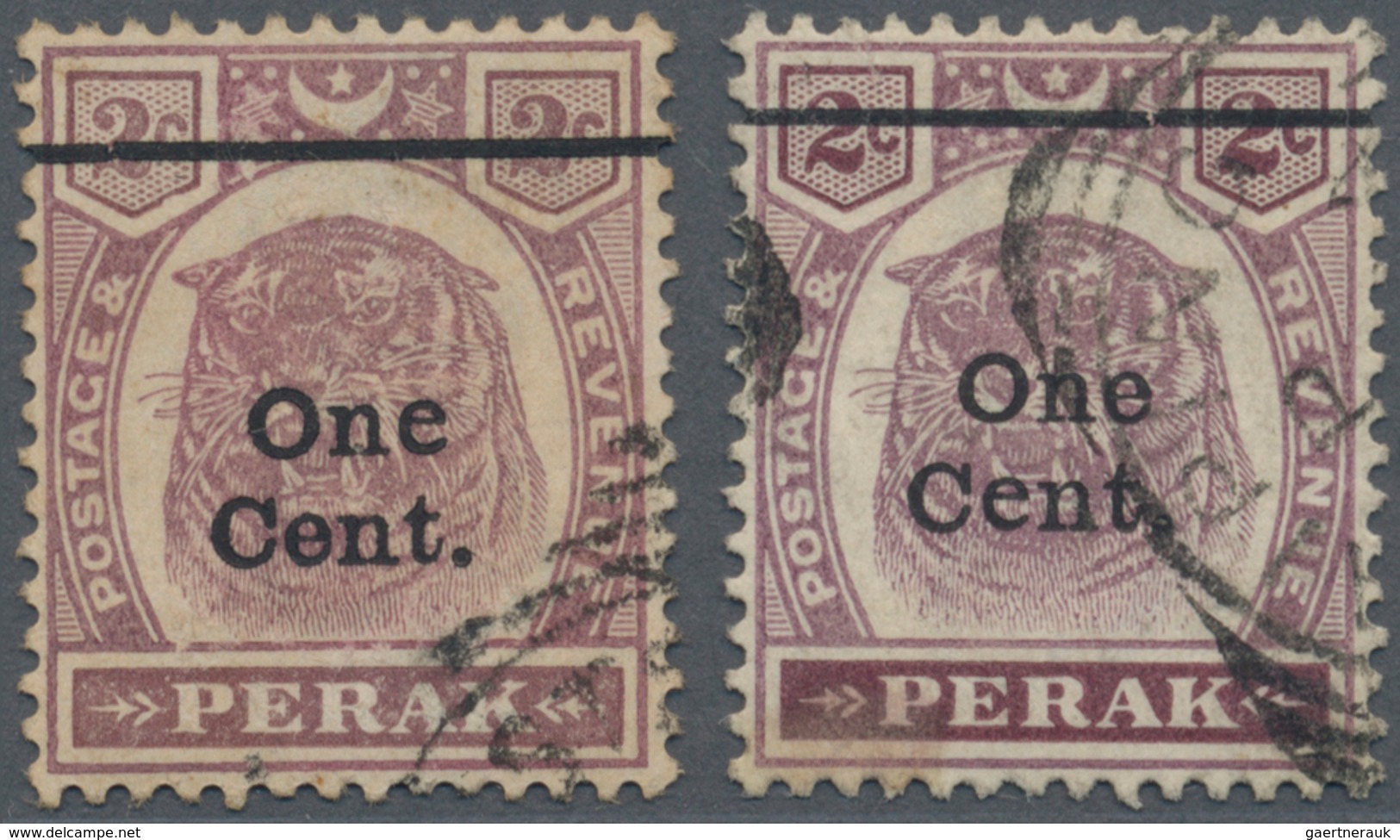06526 Malaiische Staaten - Perak: 1900, Tiger Head 2c. Dull Purple And Brown Surch. 'One Cent.' Two Stamps - Perak