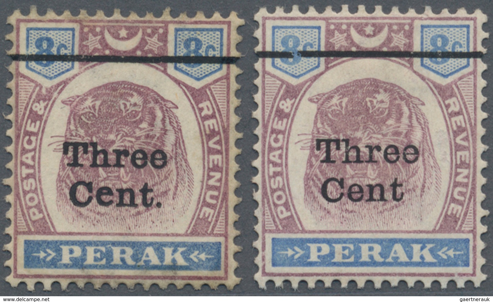 06529 Malaiische Staaten - Perak: 1900, Tiger Head 8c. Dull Purple And Ultramarine Surch. 'Three Cent' Two - Perak