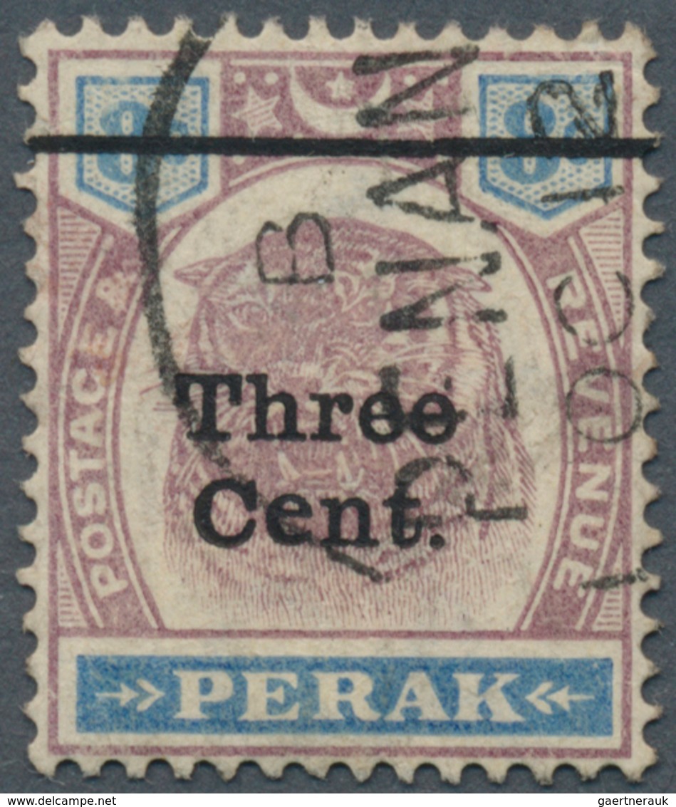 06530 Malaiische Staaten - Perak: 1900, Tiger Head 8c. Dull Purple And Ultramarine Surch. 'Three Cent' Wit - Perak